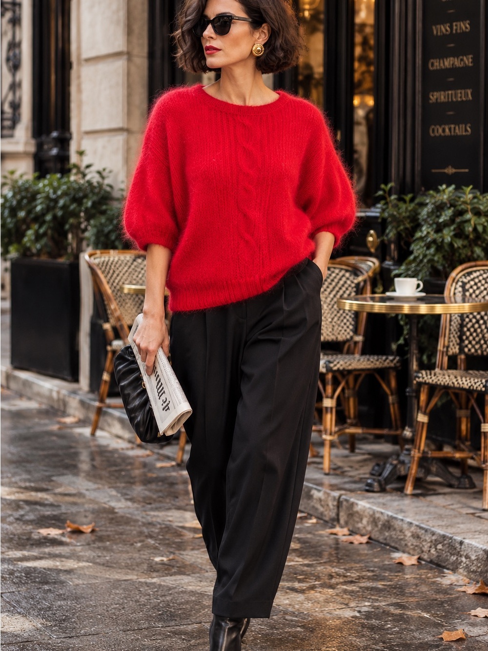 VINTAGE MAGGIE LAWRENCE Mohair Blend Cable Knit Short Sleeve Red Sweater, 14/16